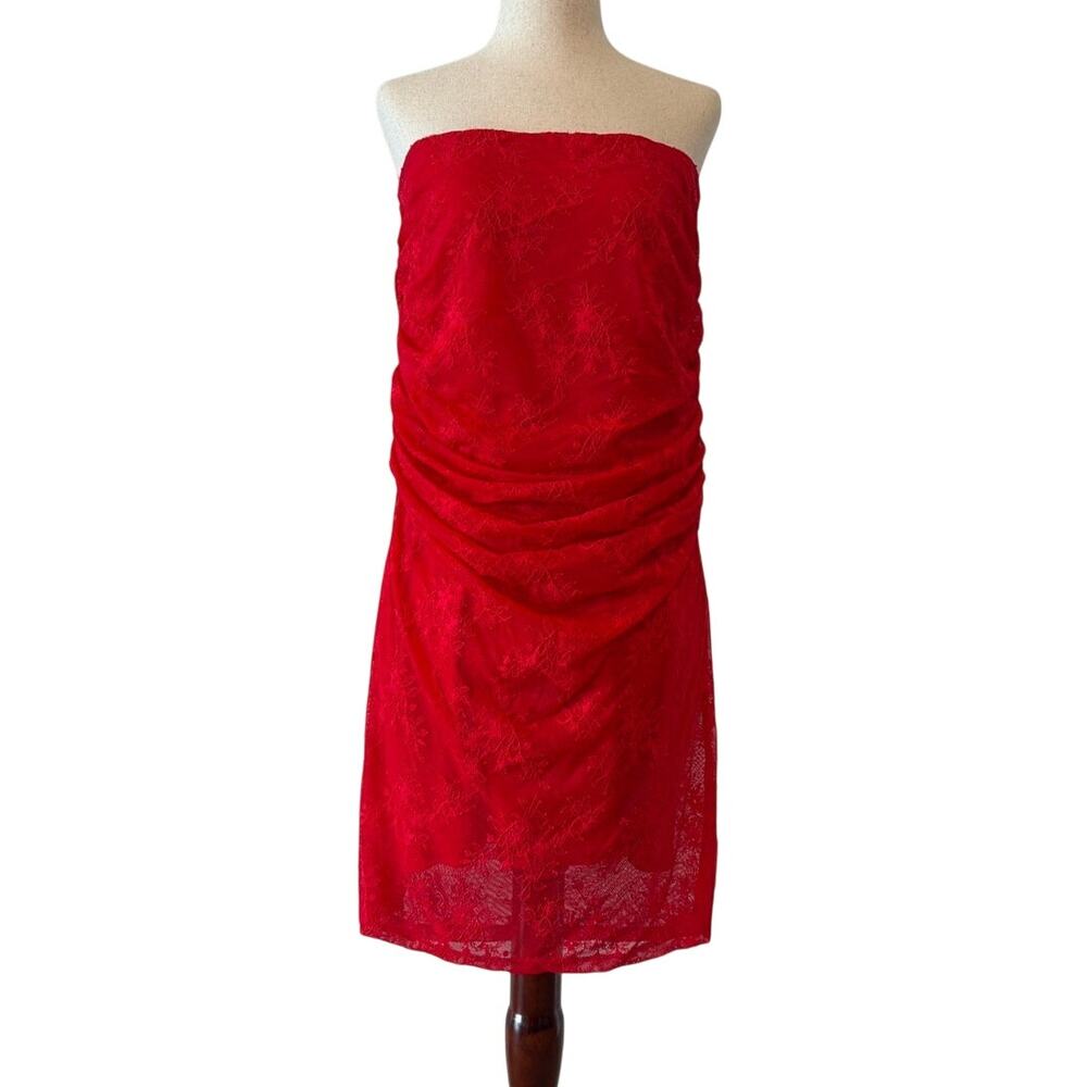 NWOT AFRM Strapless Ruched Mini Dress, Red Lace Overlay, Women’s XL